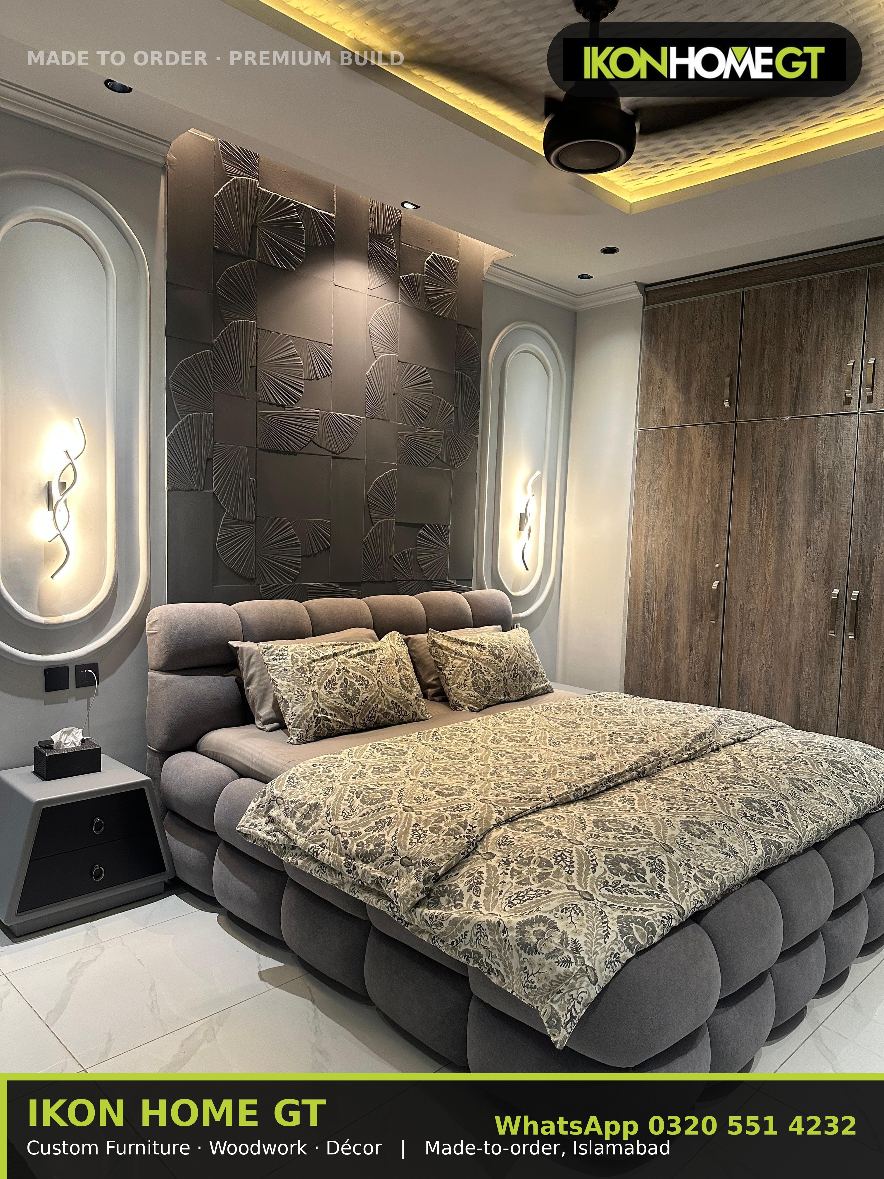 Ford Bed with Side Tables — grey channel-quilted upholstered bed, made to order in Islamabad | IKON Home GT